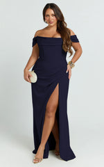 Marcel Maxi Dress - Off Shoulder Corset High Split Dress in Navy