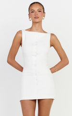 Adela Mini Dress - Mock Button Thru Boat Neck Dress in White