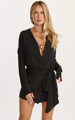 Tash Mini Dress - Long Sleeve Plunge Wrap Dress in Black