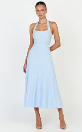 Candace Midi Dress - Halter Neck Ribbed Knit Dress in Baby Blue
