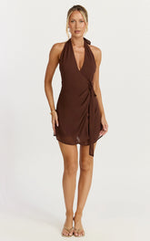 Eva Mini Dress - Plunge Halter Wrap Dress in Chocolate