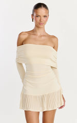Roxy Mini Dress - Off Shoulder Long Sleeve Pleated Skirt Dress in Cream