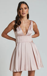 Bronte Mini Dress - Plunge Neck Fit and Flare in Blush