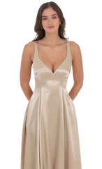 Satin V-Neck Fit and Flare Maxi Dress in Gold