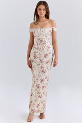 Vintage Cream Floral Print Corset Maxi Dress