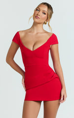 Veronika Mini Dress - Off Shoulder Plunge Fit And Flare Dress in Red