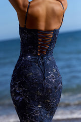 Navy Hand Beaded Embellished Corset Maxi Dress