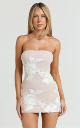 Shelby Mini Dress - Strapless Rosette Bodycon Dress in White