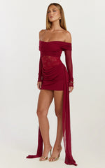 Vesper Mini Dress - Contrast Lace Bodice Long Sleeve Dress in Wine