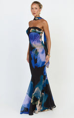 Solara Maxi Dress - Strapless Bias Column Dress with Scarf in Midnight Resort Orchid Print