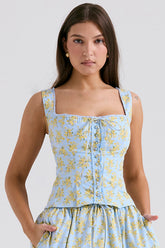 Soft Blue Vintage Floral Print Cotton Top