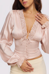 Pink Real Silk Long Sleeve Lace Trim Top