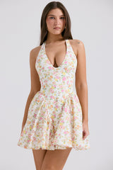 Ivory Meadow Print Cotton Halter Mini Dress