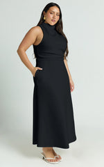 Macy Midi Dress - High Neck A Line Dress in Black