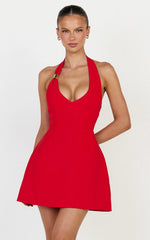 Leilani Mini Dress - Plunge Gold Hardware Fit and Flare Dress in Red