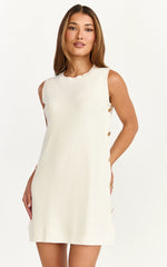 Terri Mini Dress - Scoop Neck Button Down Knit Dress in Plain White