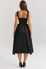 Black Satin Twist Strap Midi Dress