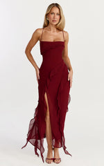 Connie Midi Dress - Ruffle Detail Dress in Wine