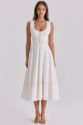 White Cotton Waist Cinch Midi Sundress