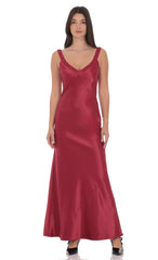 Satin Open Back Maxi Dress in Maroon