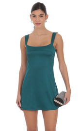 Satin Shift Dress in Teal