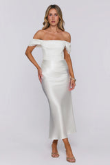 Love Looks Good Lace Satin Off Shoulder Maxi Dress White