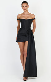 Marais Mini Dress - Contrast Draped Off Shoulder Dress in Black