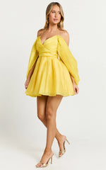Amalie The Label - Thalia Sweetheart Off Shoulder Mini Dress - In Yellow