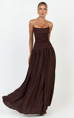 Marlowe Maxi Dress - Strapless Gathered Bodice Fit And Flare Dress in Chocolate