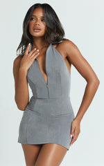 Latisha Mini Dress - Halter Collared Fitted Dress in Grey