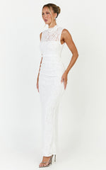 Luna Maxi Dress - Lace High Neck Sleeveless Dress in White