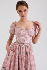 Pink Floral Chiffon Midi Dress