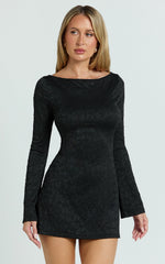 Winnie Mini Dress - Boat Neck Flute Sleeve Dress in Black