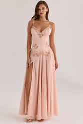 Blush Satin Custom Hand Beaded Embellished Maxi Dress - Limited Edition