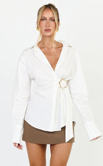Heloise Top - Wrap Front Buckle and Tie Detail LS Shirt in White