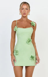 Ondine Mini Dress - 3D Floral Strappy Dress in Apple Green