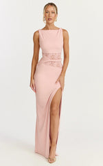 Alberta Maxi Dress - Spliced Sheer Lace Column Dress in Pink
