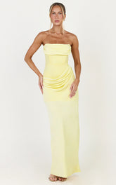 Phoebe Maxi Dress - Strapless Structured Bodice Drape Skirt Dress in Lemon