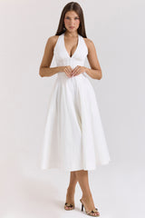 White Stretch Cotton Halter Midi Sundress