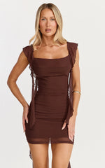 Rosha Mini Dress - Ruffle Strap Dress in Chocolate