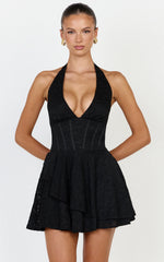 Lacey Mini Dress - Lace Corset Style Bodice Halter Dress in Black