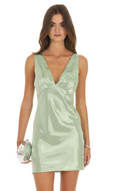 Satin V-Neck Mini Dress in Sage Green
