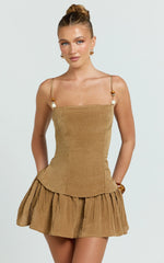 Edie Mini Dress - Straight Neck Gathered Drop Waist Dress in Brown