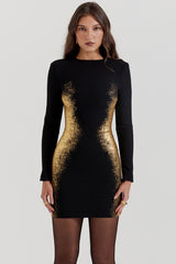 Black & Gold Foil Print Mini Dress