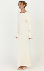 Delilah Maxi Dress - Long Sleeve Seam Detail Boucle Knit Dress in Cream