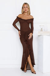 Lunar Twinkle Mesh Off Shoulder Maxi Dress Brown