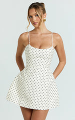 Carolina Mini Dress - Scoop Neck Panel Bodice Dress in White Polka Dot