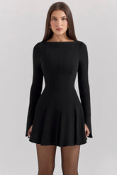 Black Stretch Crepe Godet Mini Dress