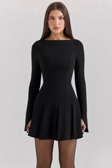 Black Stretch Crepe Godet Mini Dress