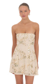 Embellished Strapless Mini Dress in Cream